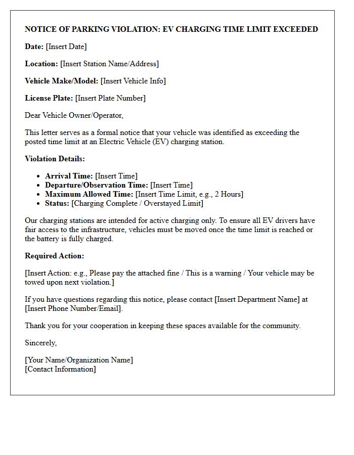 Time Limit Exceeded Electric Vehicle Charging Station Violation Letter