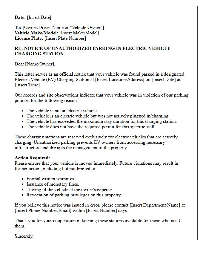 Unauthorized Vehicle Electric Vehicle Charging Station Violation Letter