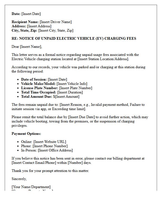 Unpaid Usage Fees Electric Vehicle Charging Station Violation Letter