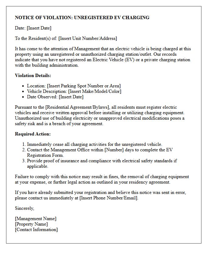 Unregistered Resident Electric Vehicle Charging Station Violation Letter