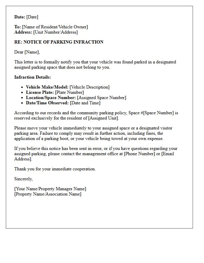 Assigned Parking Space Infraction Letter