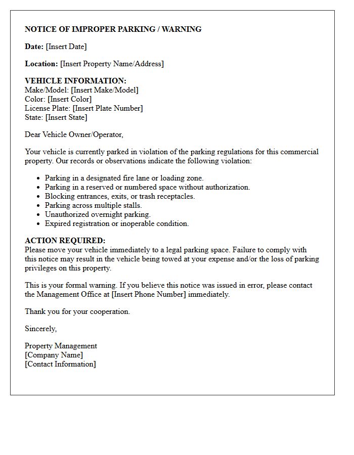 Commercial Property Letter for Improperly Parked Vehicles