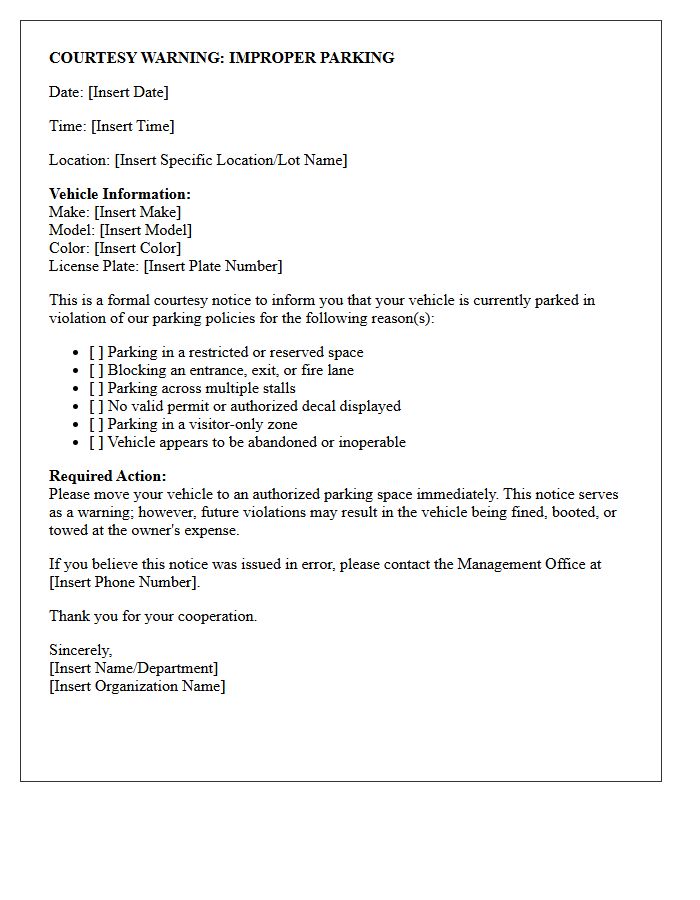 Courtesy Warning Letter for Improperly Parked Vehicles