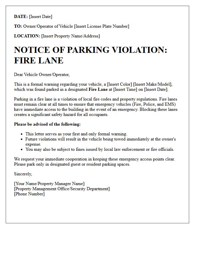 Fire Lane Parking Violation Warning Letter