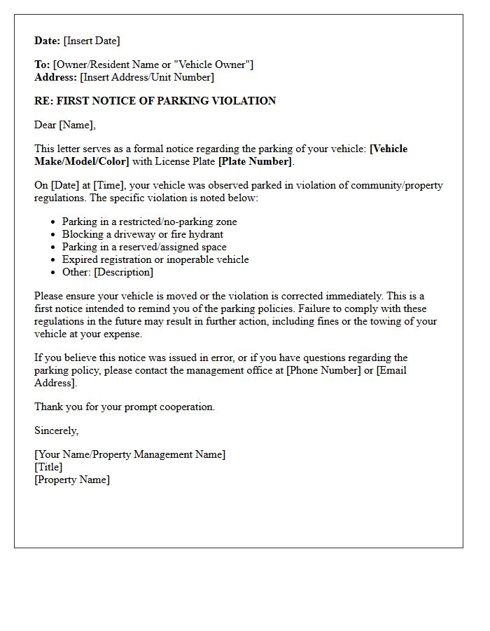First Notice Letter for Improper Parking