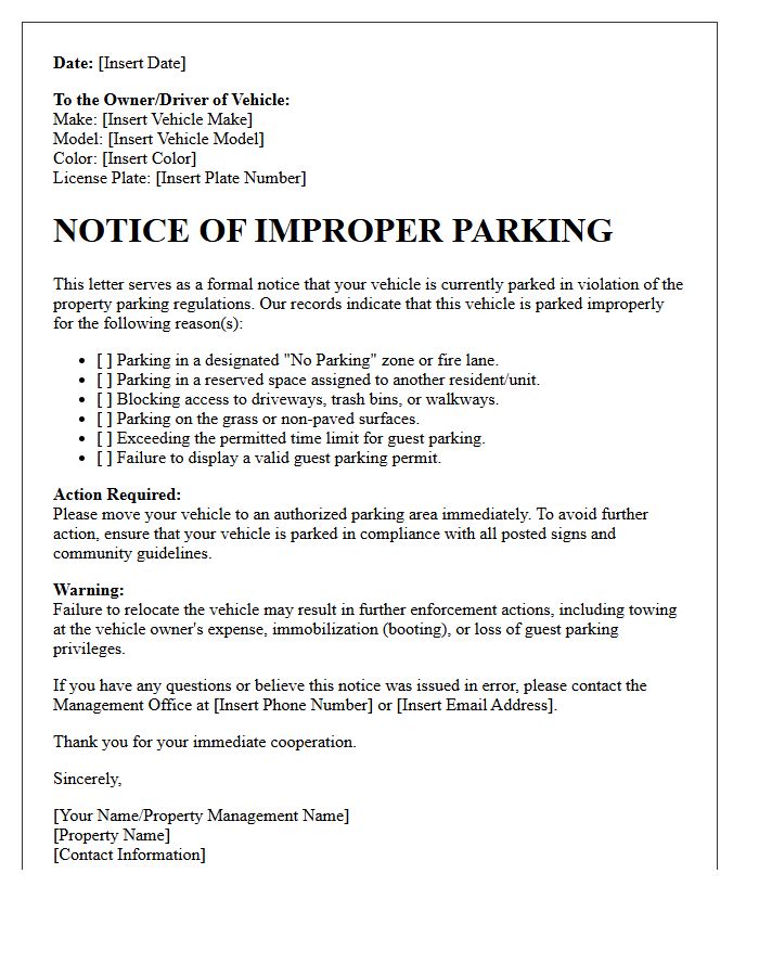 Guest Vehicle Improper Parking Notice Letter