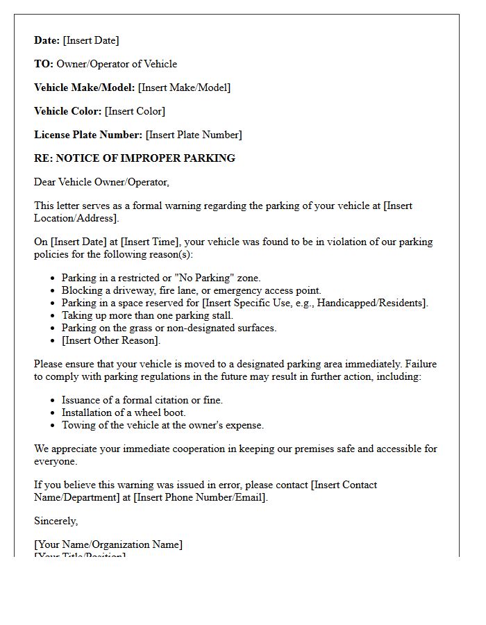 Improperly Parked Vehicle Warning Letter