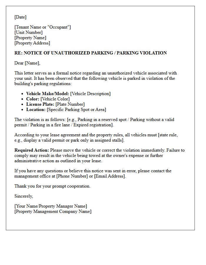 Property Management Letter Regarding Unauthorized Parking