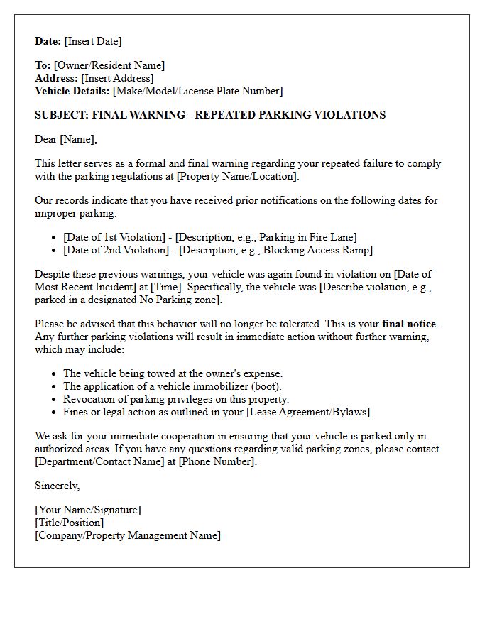 Repeat Offender Warning Letter for Improper Parking