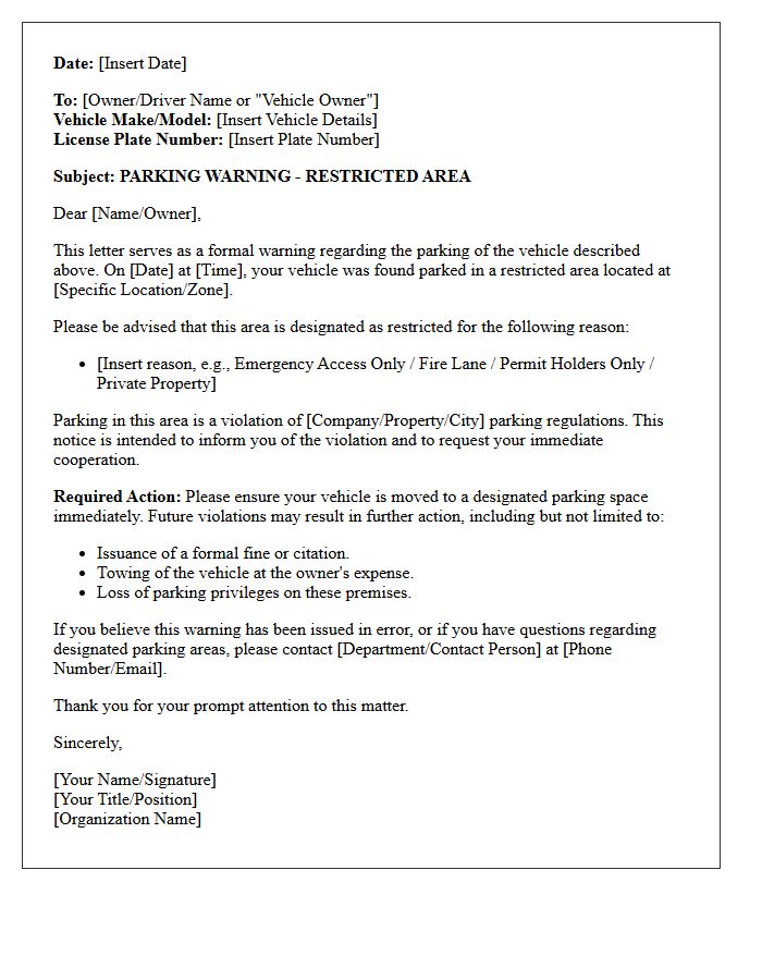 Restricted Area Vehicle Parking Warning Letter