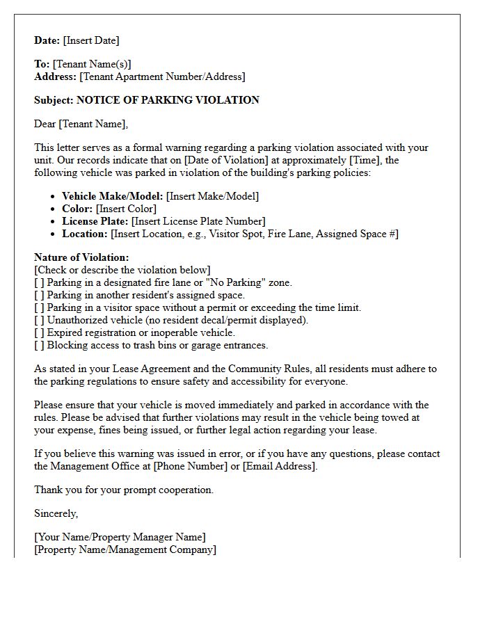 Tenant Warning Letter for Parking Violations