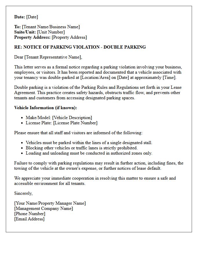 Commercial Tenant Double Parking Violation Letter