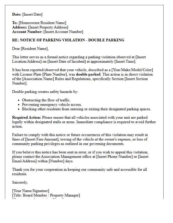 Community Association Double Parking Violation Letter