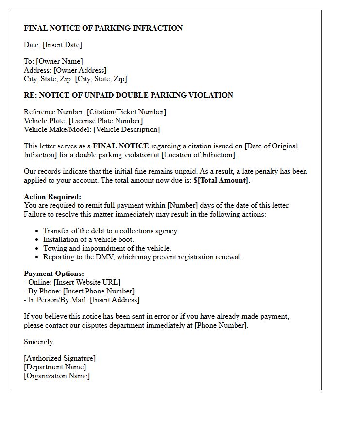 Final Notice Double Parking Infraction Letter