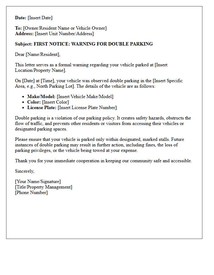 First Notice Double Parking Warning Letter