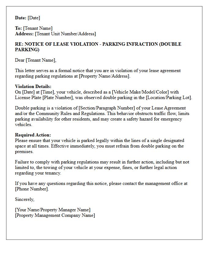 Lease Violation Letter for Double Parking Infraction