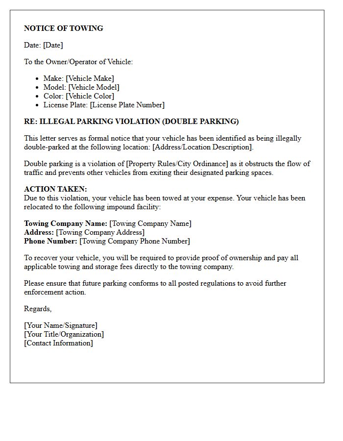 Notice of Towing Due to Double Parking Letter