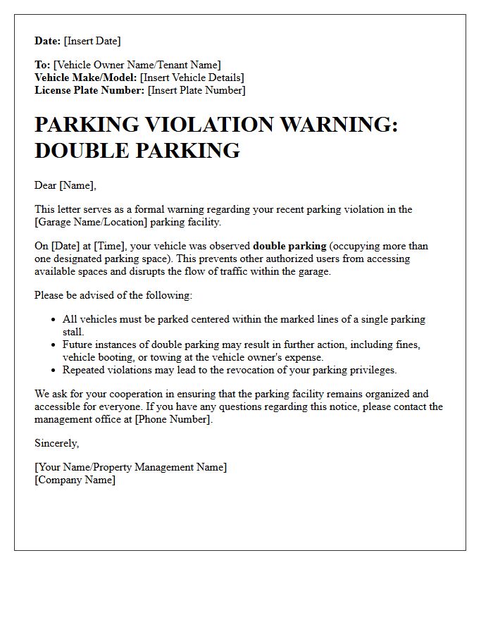 Parking Garage Double Parking Offense Warning Letter