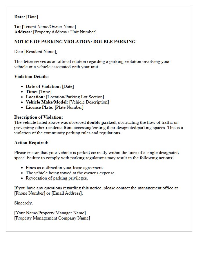 Property Management Double Parking Citation Letter