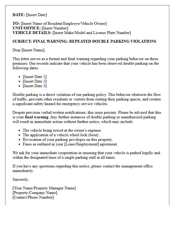 Repeat Offender Double Parking Warning Letter