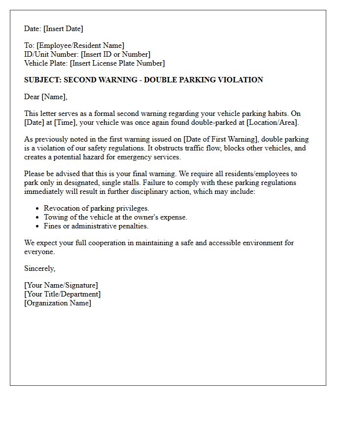 Second Warning Letter for Double Parking Violation