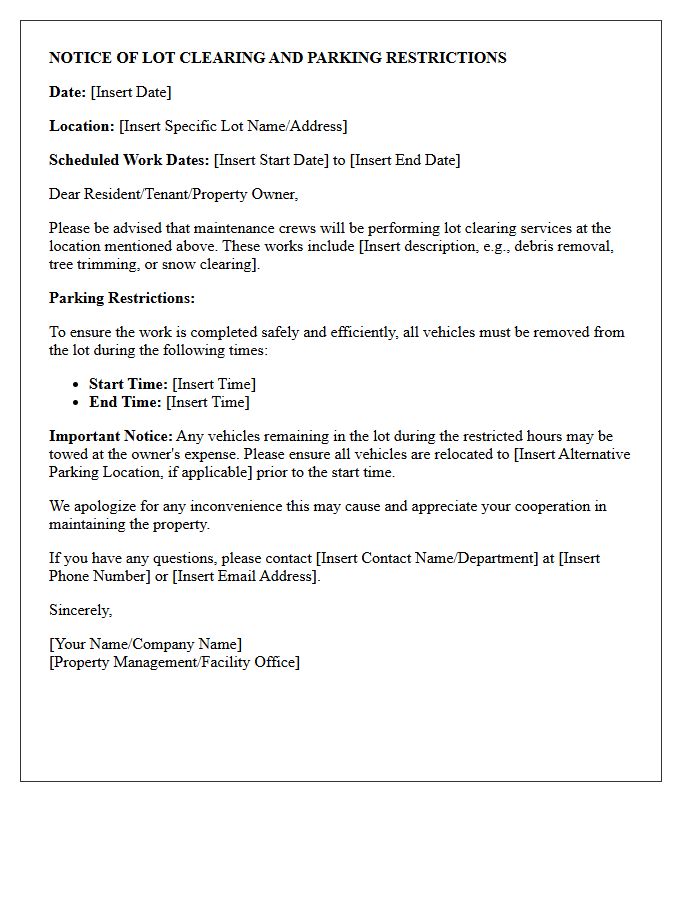 Lot Clearing and Parking Restriction Notice Letter