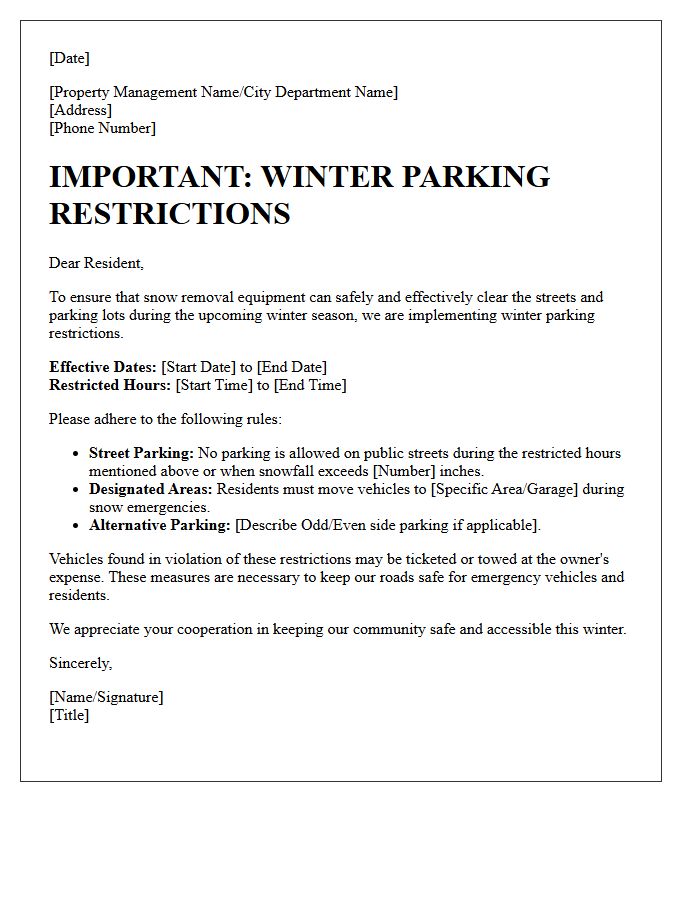 Resident Advisory Letter for Winter Parking Restrictions