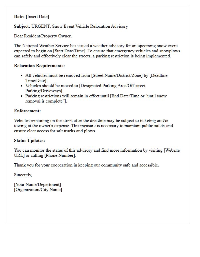 Snow Event Vehicle Relocation Advisory Letter