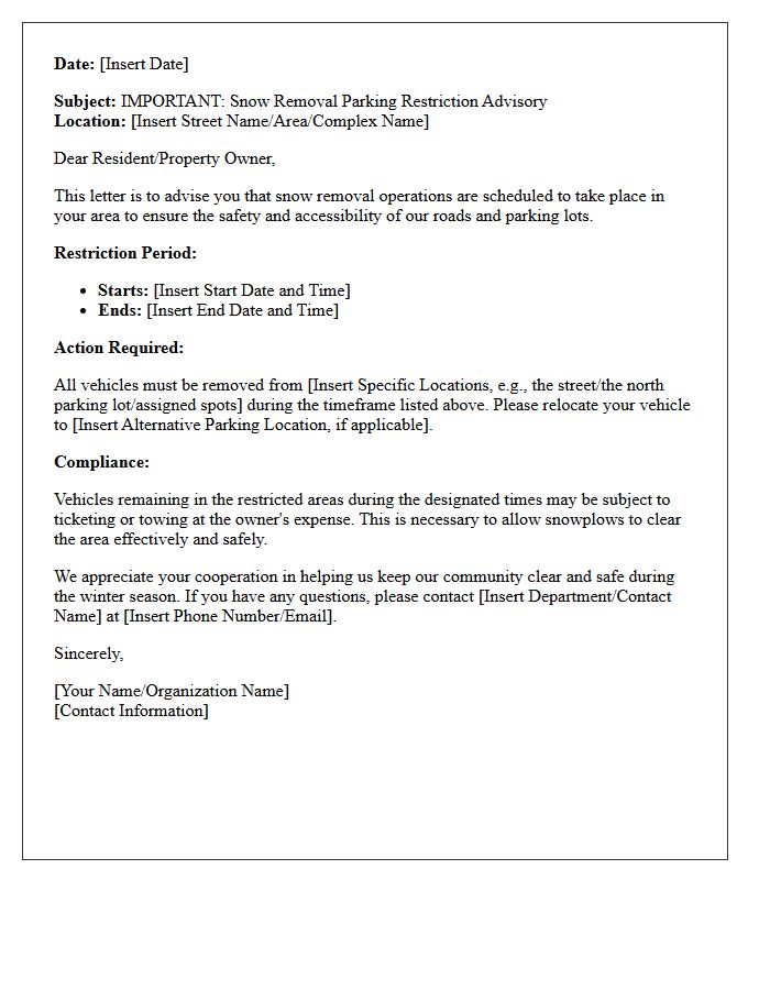 Snow Removal Parking Restriction Advisory Letter