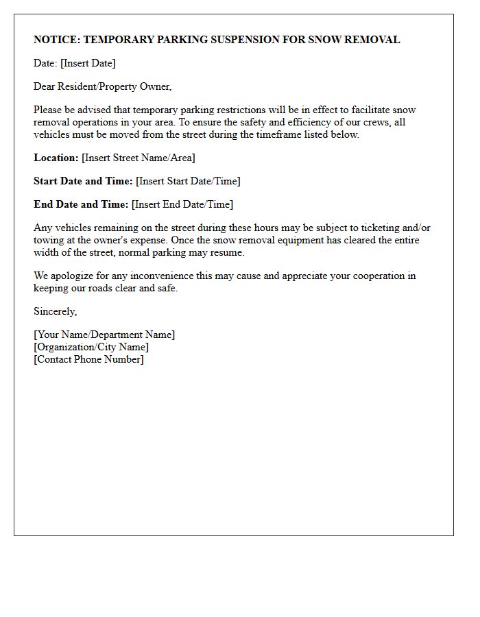 Temporary Parking Suspension for Snow Removal Letter