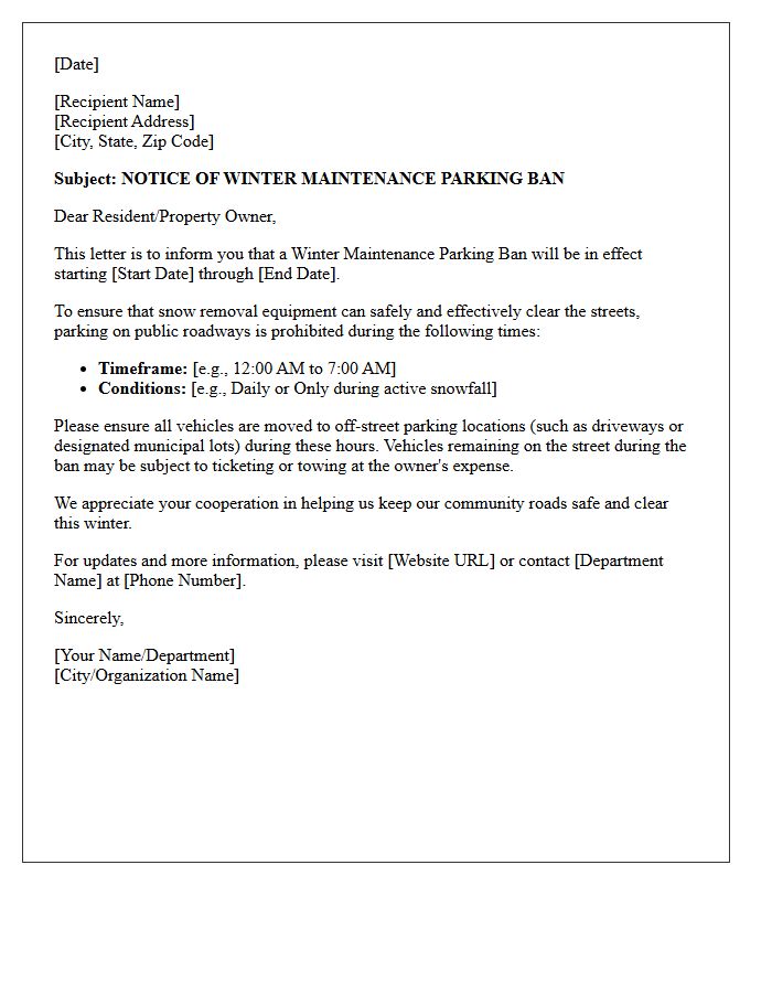 Winter Maintenance Parking Ban Advisory Letter