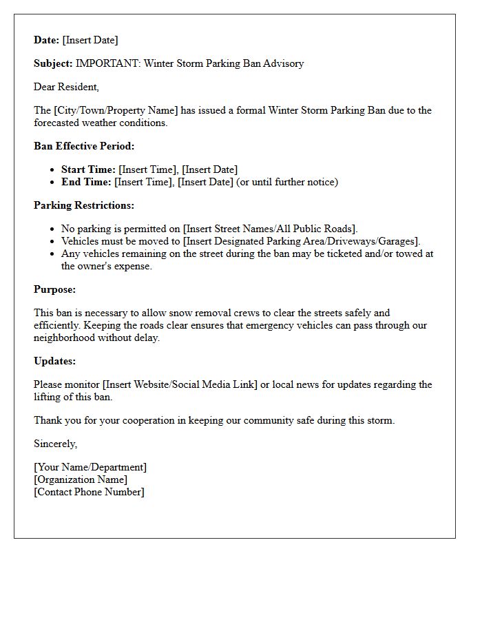 Winter Storm Parking Ban Advisory Letter