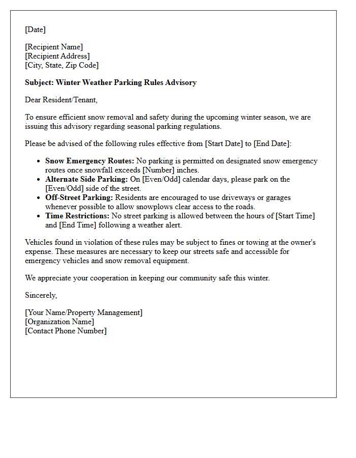 Winter Weather Parking Rules Advisory Letter