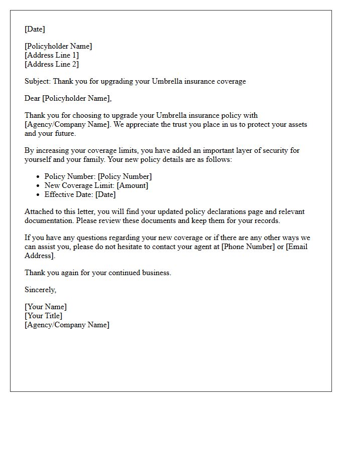 Policyholder Thank You Letter for Your Umbrella Coverage Upgrade