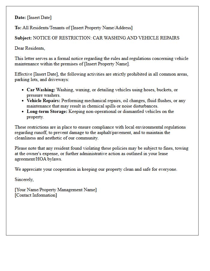 Car Wash and Vehicle Repair Restriction Notice Letter