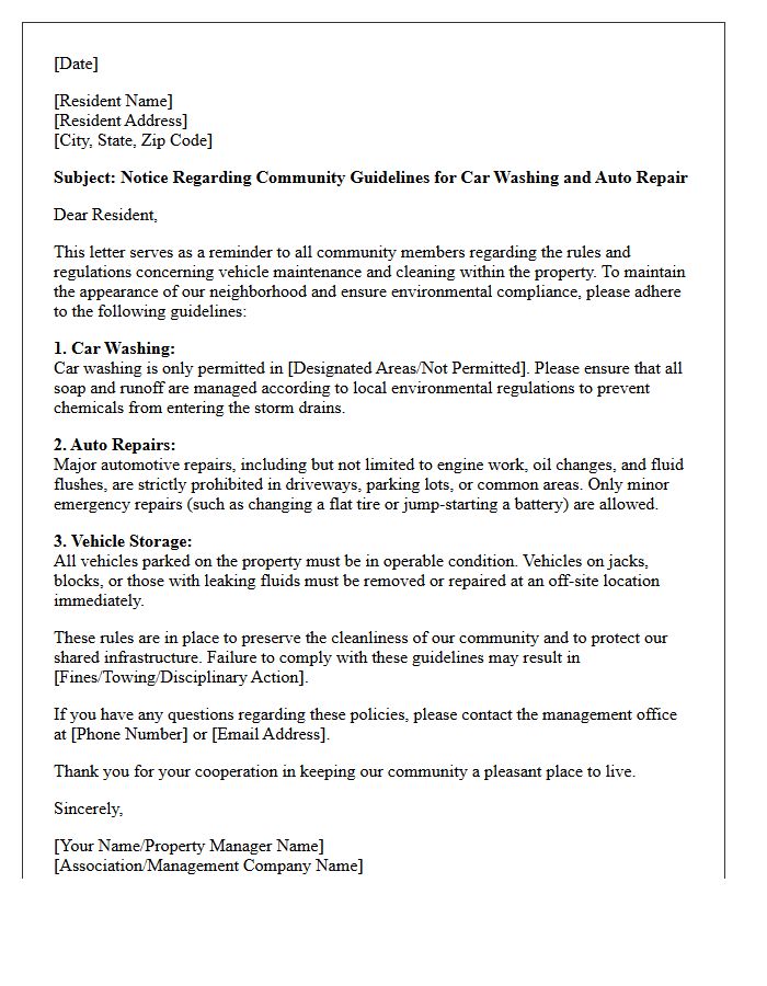 Community Guidelines Letter Regarding Car Washing and Auto Repair