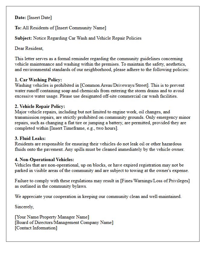 Community Restriction Letter Detailing Car Wash and Repair Policies