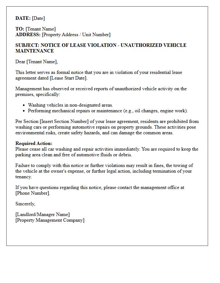 Lease Violation Letter for Unauthorized Car Wash and Repair