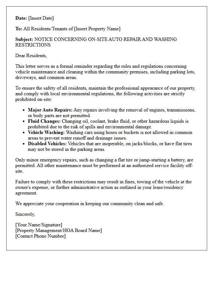Notice Letter Concerning On-Site Auto Repair and Washing Restrictions