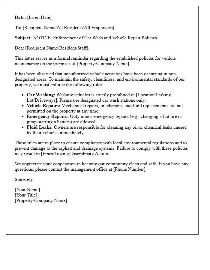 Policy Enforcement Letter for Car Wash and Vehicle Repair Rules