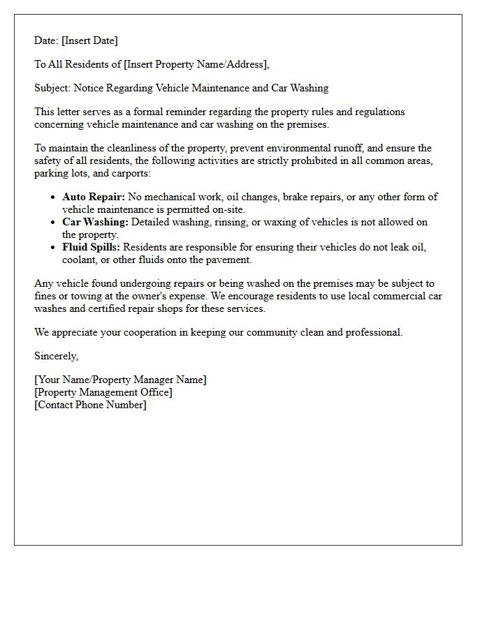 Property Rules Letter Restricting Auto Repair and Car Washing