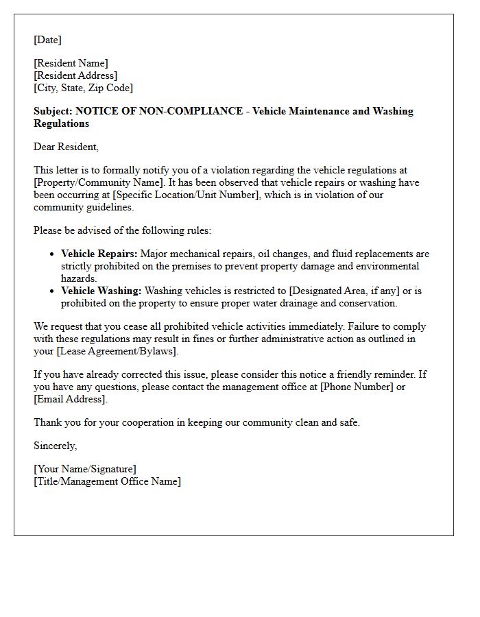 Resident Compliance Letter on Vehicle Repair and Washing Restrictions