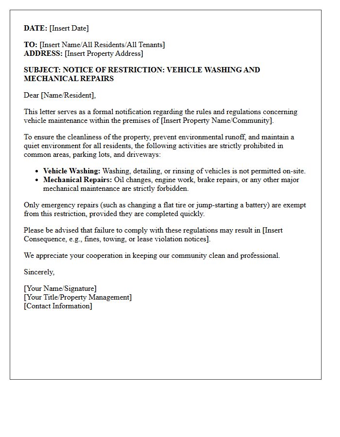 Restriction Letter for Vehicle Washing and Mechanical Repairs
