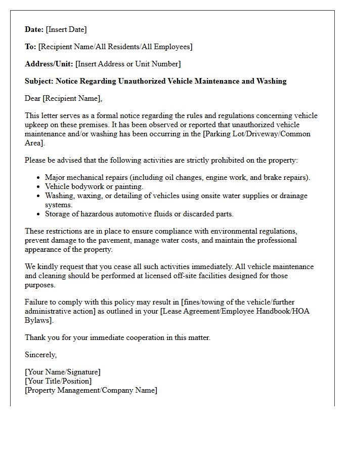 Unauthorized Vehicle Maintenance and Wash Restriction Letter