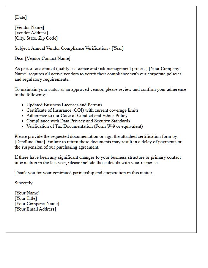 Annual Vendor Compliance Verification Letter