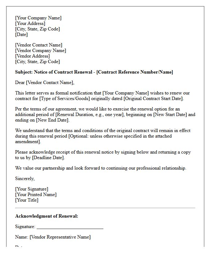 Notice of Vendor Contract Renewal Letter