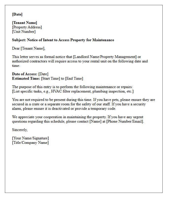 Property Maintenance Access Notification Letter