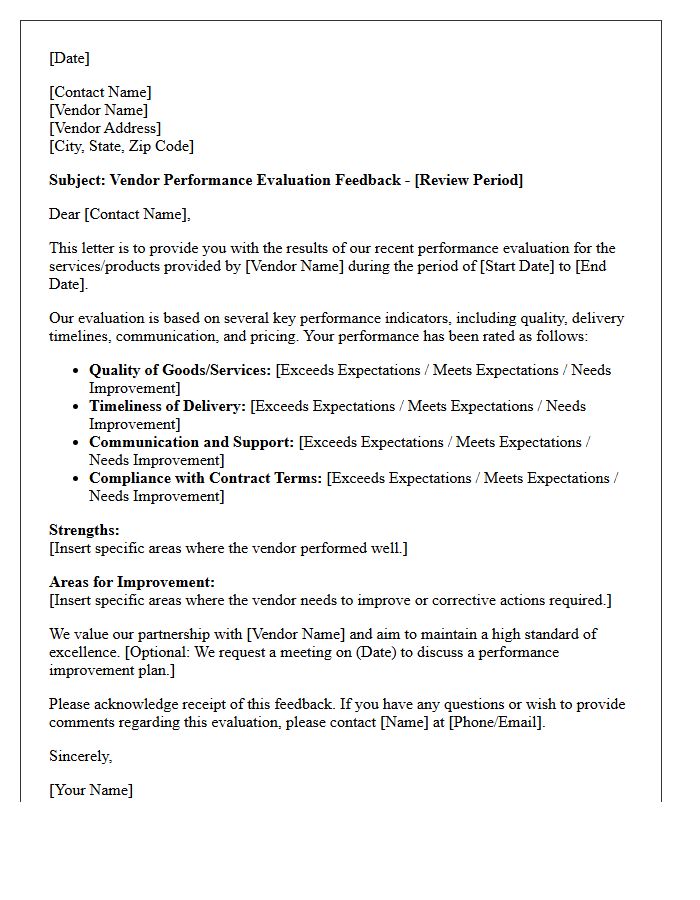 Vendor Performance Evaluation Feedback Letter