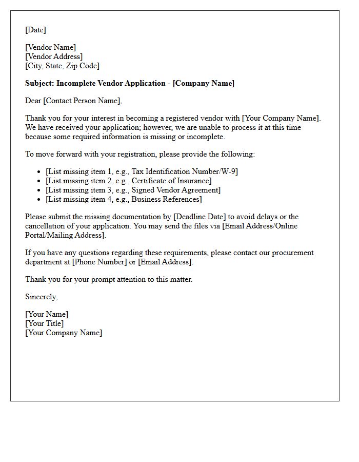 Incomplete Vendor Application Information Request Letter