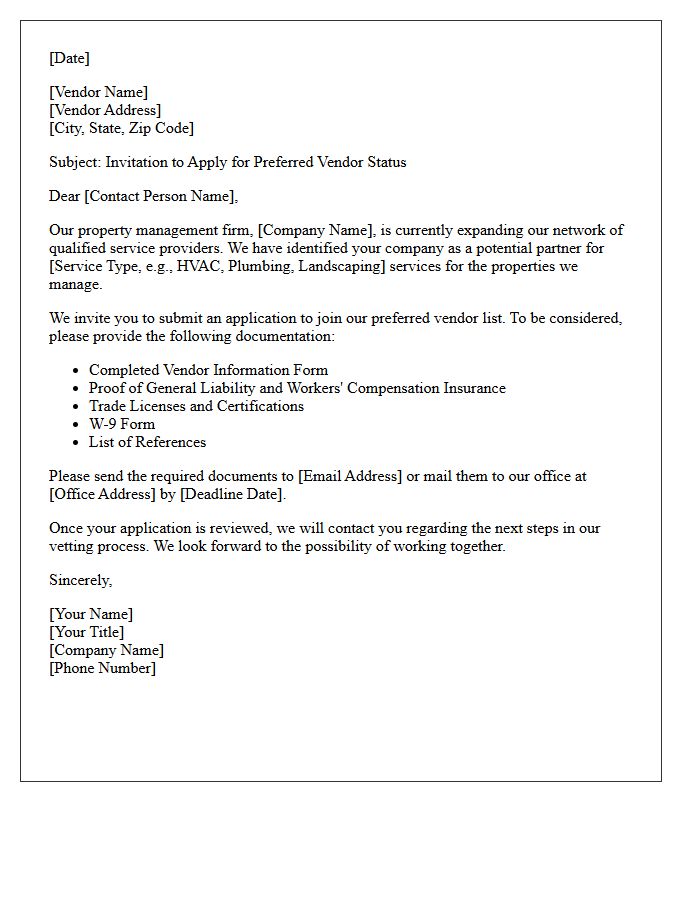 Property Management Vendor Application Invitation Letter